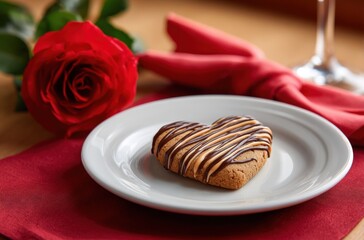 A heart-shaped cookie sits on a white plate next to a red rose