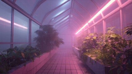 Lush Greenhouse Interior with Pink Lighting