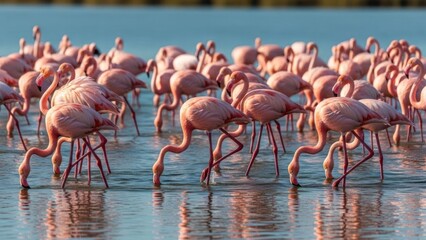 Obraz premium Flamingos wading in water against a serene blue background
