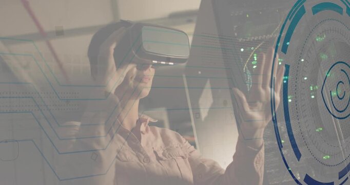 Animation of eye in loading circles over caucasian woman using vr headset in server room