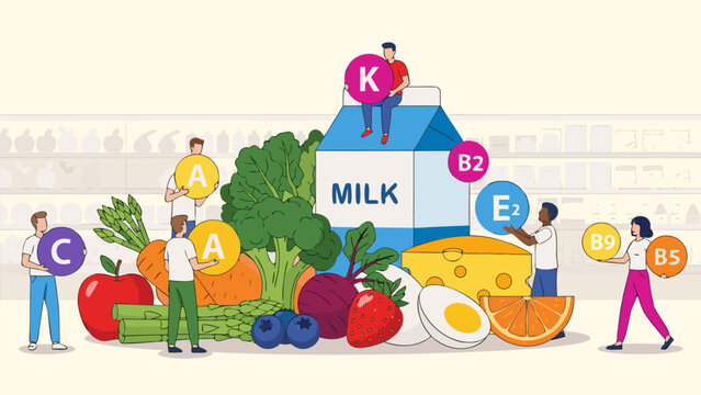 Healthy food and vitamin vector illustration for nutritional education and wellbeing