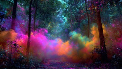 Mystical Forest Trail with Colorful Smoke