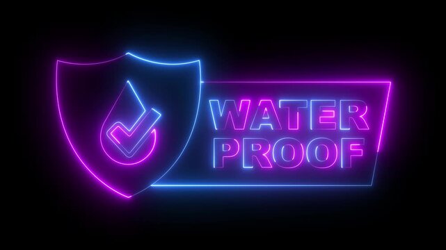 glowing neon Waterproof icon isolated on black background. Waterproof shield icon animation. Water resistant or liquid protection concept. 4k video animation.