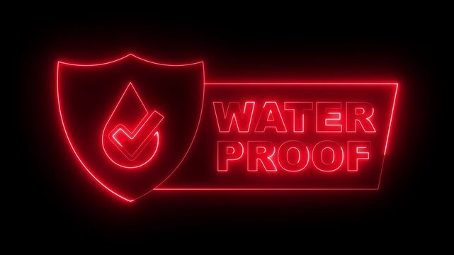 glowing neon Waterproof icon isolated on black background. Waterproof shield icon animation. Water resistant or liquid protection concept. 4k video animation.