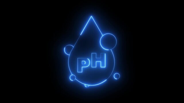 glowing neon PH water drops icon animation on a black background. PH icon with water drops. Neutral Ph Drop. chemistry, laboratory analysis, water quality testing, or healthcare science concept.