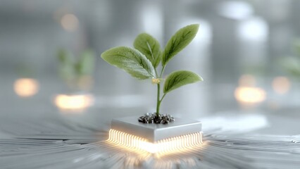 Plant growing on a microchip, green technology concept