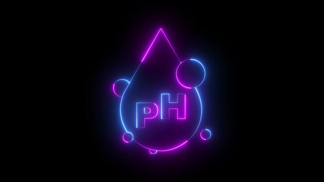 glowing neon PH water drops icon animation on a black background. PH icon with water drops. Neutral Ph Drop. chemistry, laboratory analysis, water quality testing, or healthcare science concept.