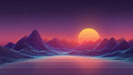 Retro Synthwave Landscape with Rising Sun