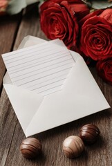 A white envelope with a red rose on top of it