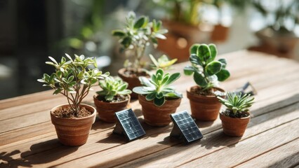 Small plants and solar panels on wooden table