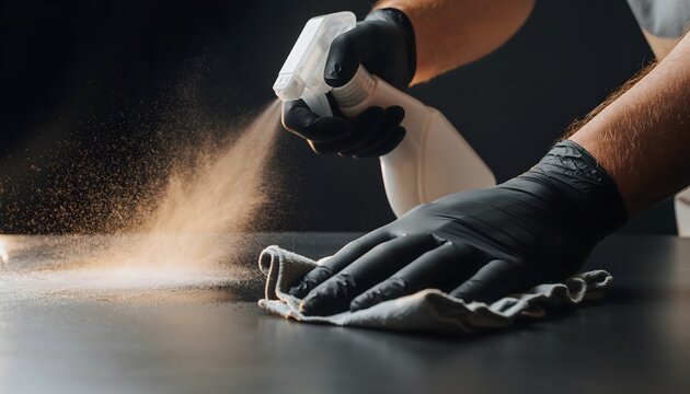 Professional in protective gloves meticulously cleans and disinfects a dark surface with spray and cloth for enhanced hygiene