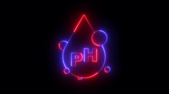 glowing neon PH water drops icon animation on a black background. PH icon with water drops. Neutral Ph Drop. chemistry, laboratory analysis, water quality testing, or healthcare science concept.