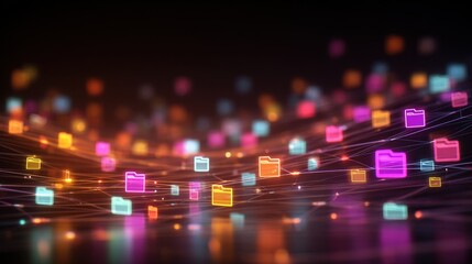 Abstract network grid with files and folders, futuristic software interface, digital document management system, store, search and organize documents, corporate business, paperless office	
