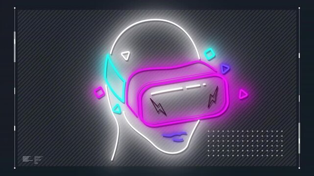 Animation of shapes and woman with vr headset icon over black background