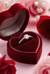 A heart shaped box with a diamond ring inside