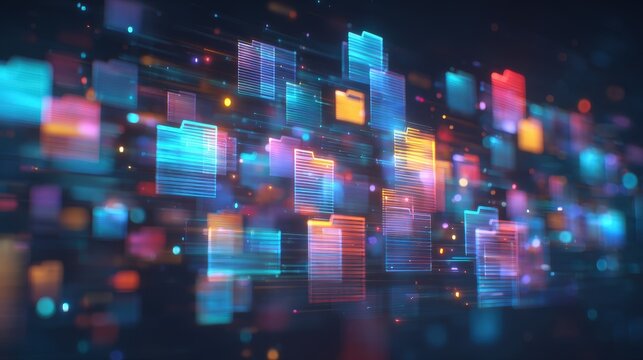 Abstract network grid with files and folders, futuristic software interface, digital document management system, store, search and organize documents, corporate business, paperless office	
