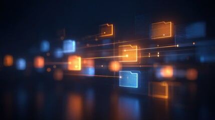 Abstract network grid with files and folders, futuristic software interface, digital document management system, store, search and organize documents, corporate business, paperless office	
