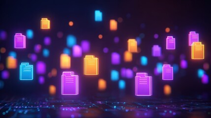 Abstract network grid with files and folders, futuristic software interface, digital document management system, store, search and organize documents, corporate business, paperless office	
