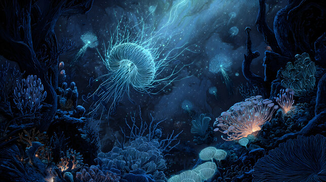 Deep sea scene with glowing bioluminescent creatures in dark ocean water surrounded by coral reef and underwater plants