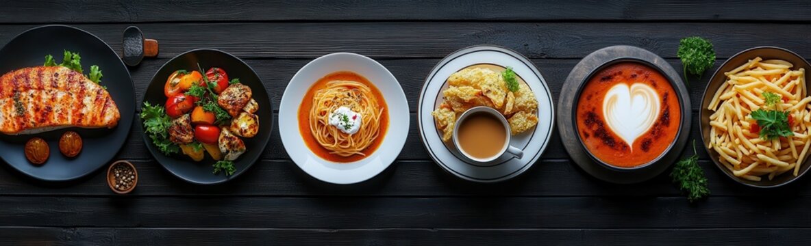 A collage of various types of food, including chicken and fish dishes, pasta with tomato sauce, vegetables on the side, French fries, coffee in a cup, all arranged in one long picture. The background