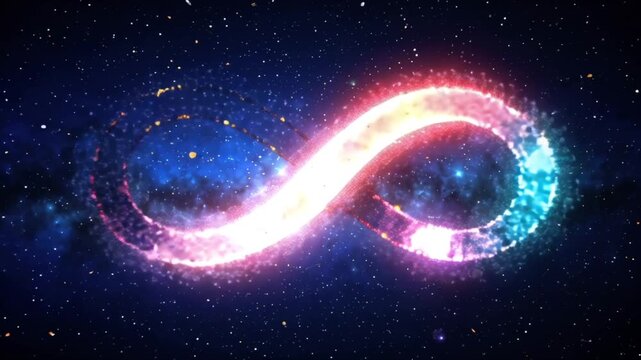 3D glowing infinity symbol vibrant light trails floating outer space, stars, colorful nebulae cosmic dust, dynamic flowing trails particle motion, camera gliding loops, hypnotic infinite cinematic 4K