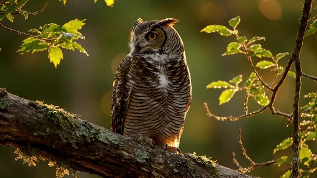 A serene wilderness scene featuring an owl in its natural environment, emphasizing the untouched beauty and quiet dignity of nocturnal wildlife. Establishing shot of the forest with the owl as a?