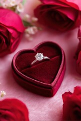 A diamond ring is in a red velvet box on a pink background