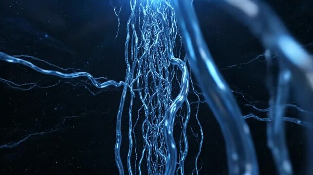 Abstract illustration of flowing blue energy lines resembling nerves against a dark starry background