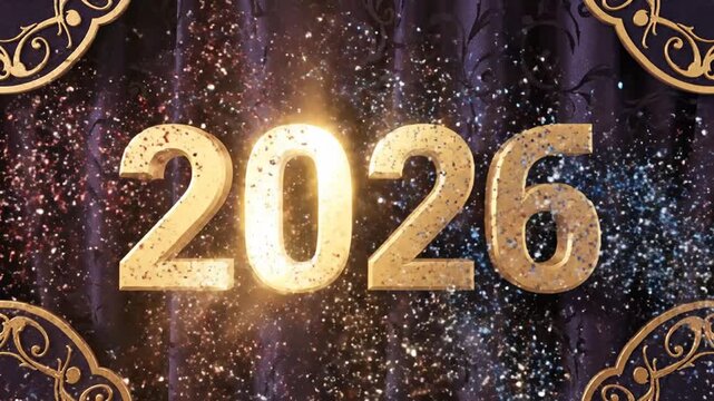 Glittering gold 2026 numerals with sparklers on dark purple damask curtain background for New Year's Eve celebration