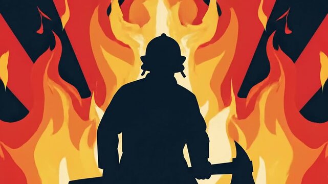 Firefighter silhouette with axe against flames and abstract red stripes background