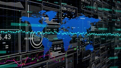 Global data display receiving initial teal dot stream animating data overlays to show live update