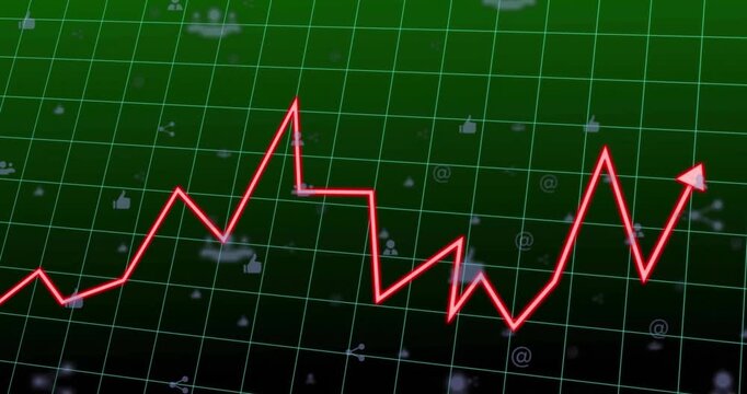 Red zigzagging line graph moving across green grid, highlighting floating thumbs-up and share nodes