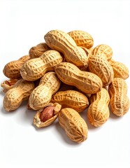 Pile of Peanuts in Shells with One Cracked Open on White Background.