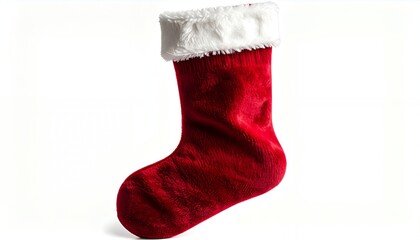 Red Christmas Stocking with White Fur Trim Isolated on White Background.