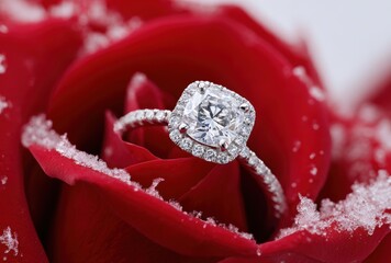 A diamond ring is set in a red rose
