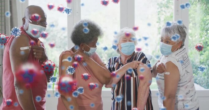 Seniors rotating toward camera after receiving vaccine, highlighting bandages amid virus animation