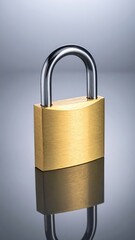 Shiny Brass Padlock with Chrome Shackle on Reflective Surface.