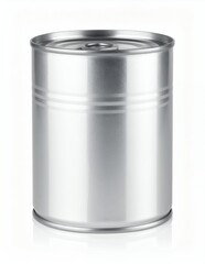 Shiny Metal Food Can on White Background with Reflection.