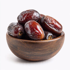 Obraz premium A wooden bowl filled with several shiny dark brown dates on a plain white background, Ramadan Mubarak