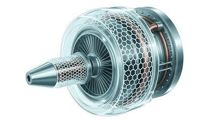 3D turbine engine cross section with radial blades and honeycomb texture.