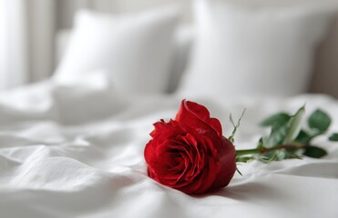 A red rose is on a bed with white sheets