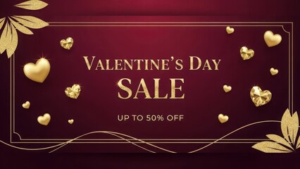Naklejka premium Luxurious Valentine's Day Sale Banner with Gold Hearts, Leaf Decorations, and Rich Burgundy Background