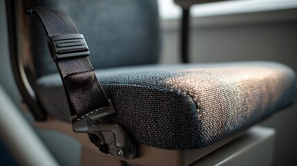 Close up of fabric bus seat with seatbelt.