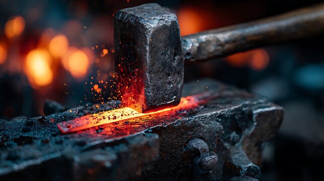 Blacksmith forging hot metal with hammer.
