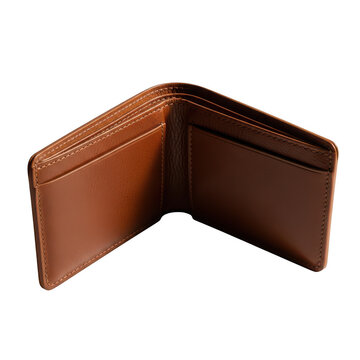 Open brown leather wallet partially visible isolated on transparent background