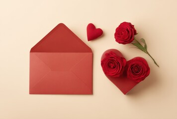 A red envelope with a heart on it sits on a table with a red rose
