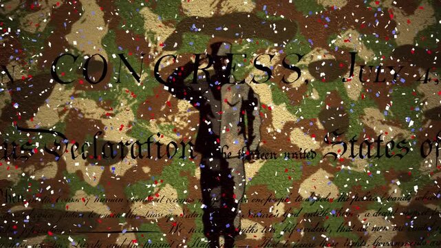 Animation of constitution of america and confetti over saluting soldier on camouflage background