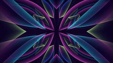 Vibrant purple, blue, and green abstract floral pattern with neon-like glowing lines and shapes, symmetrical design