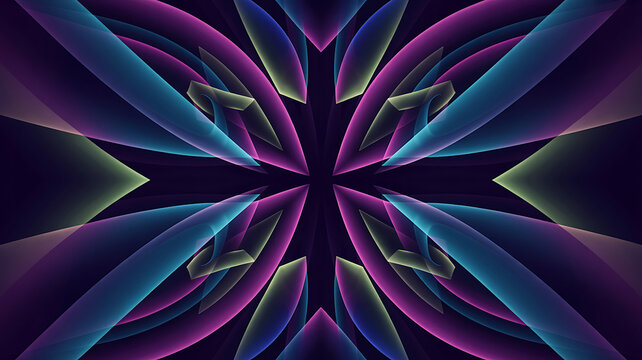 Vibrant purple, blue, and green abstract floral pattern with neon-like glowing lines and shapes, symmetrical design