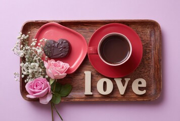 A tray with a cup of coffee, a chocolate cookie, and a rose